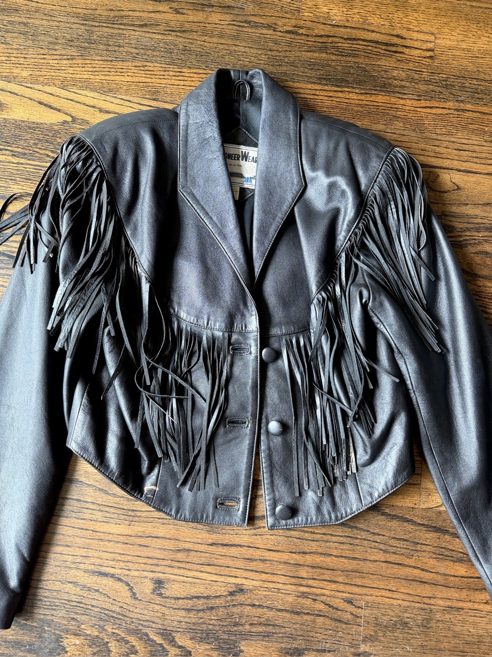 Vintage Pioneer Wear Black Lambskin Fringe Jacket Western Leather Size 10